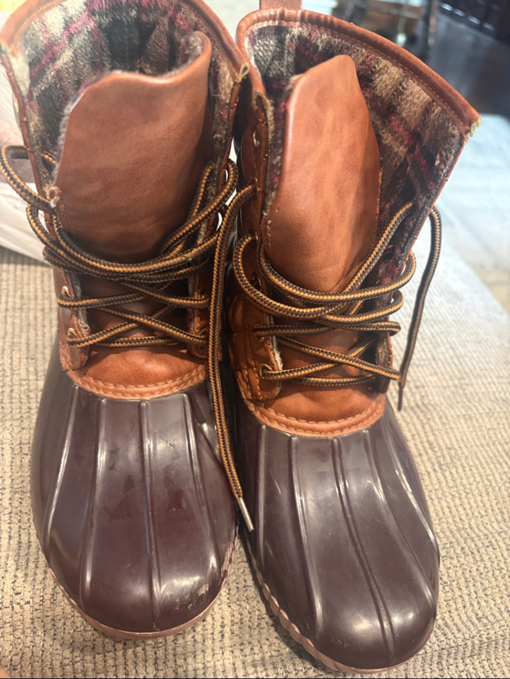 Brown Waterproof Duck Boots with Plaid Lining - Women